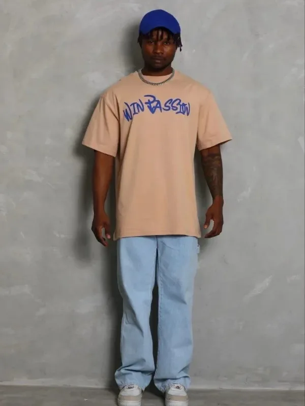 Bărbat Bej Regular Guler Bicicletă Tricou Imprimat 1