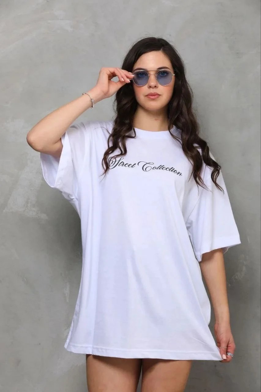 Γυναικείο Λευκό Oversize Στρογγυλή Λαιμόκοψη Τυπωμένο Καλοκαιρινό T-Shirt