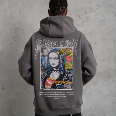Bărbați Gri Oversize 3 Fire Bumbac Capușon Imprimat Sweatshirt 5