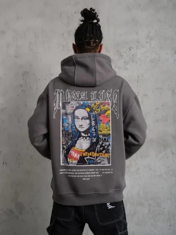 Bărbați Gri Oversize 3 Fire Bumbac Capușon Imprimat Sweatshirt 5