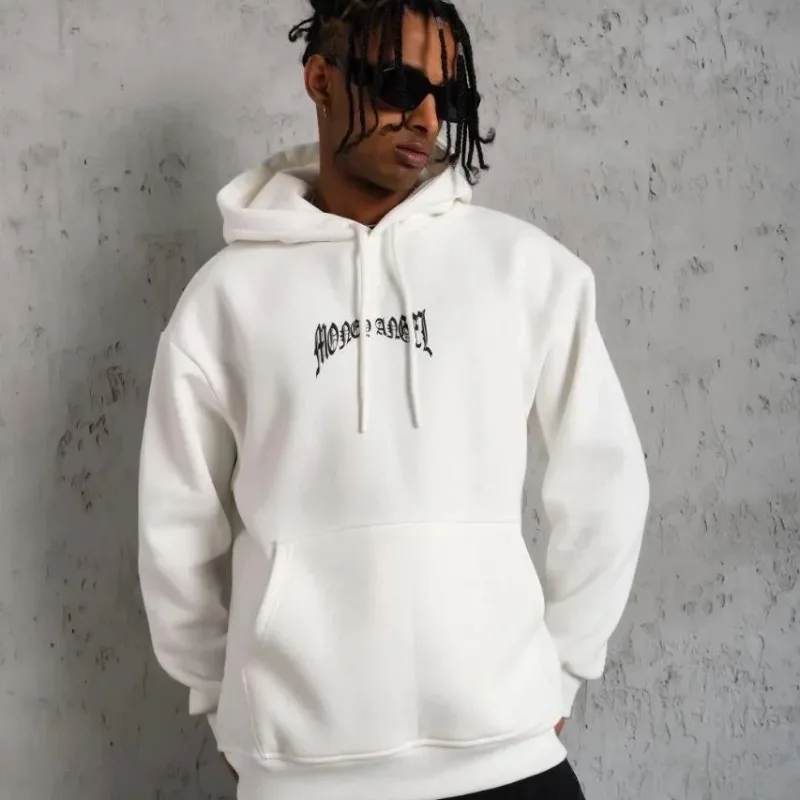 Men's White 3-Thread Cotton Printed Hooded Sweatshirt with Pockets