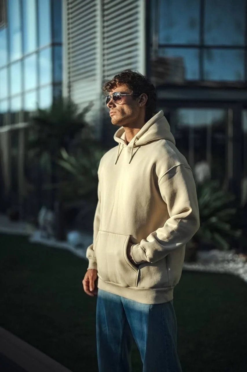 Γυναικείο Μπεζ Oversize 3-κλωνο Βαμβακερό Φούτερ με Τσέπη Κάγκουρο και Κουκούλα