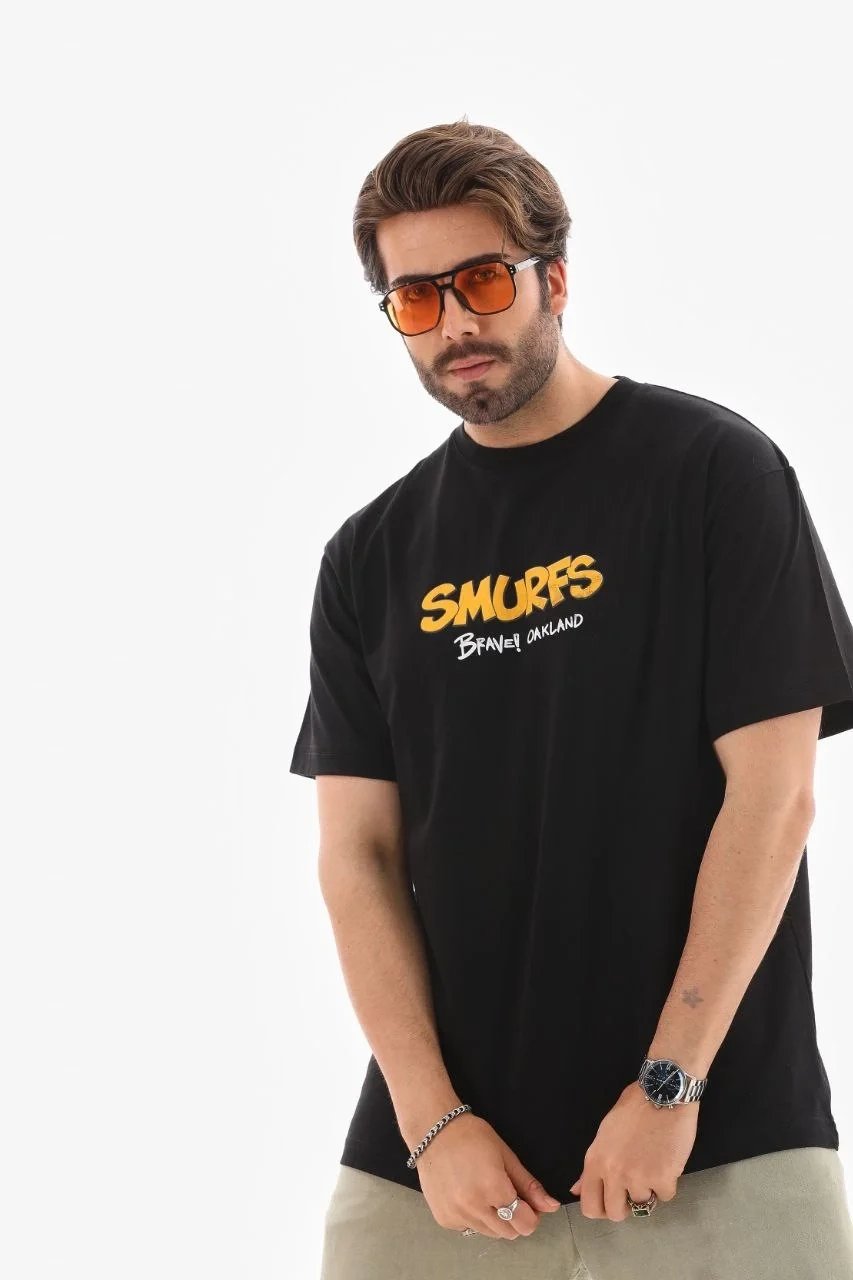 Μαύρο Ανδρικό Oversize Ποδήλατο Λαιμό Τυπωμένο Καλοκαιρινό T-shirt