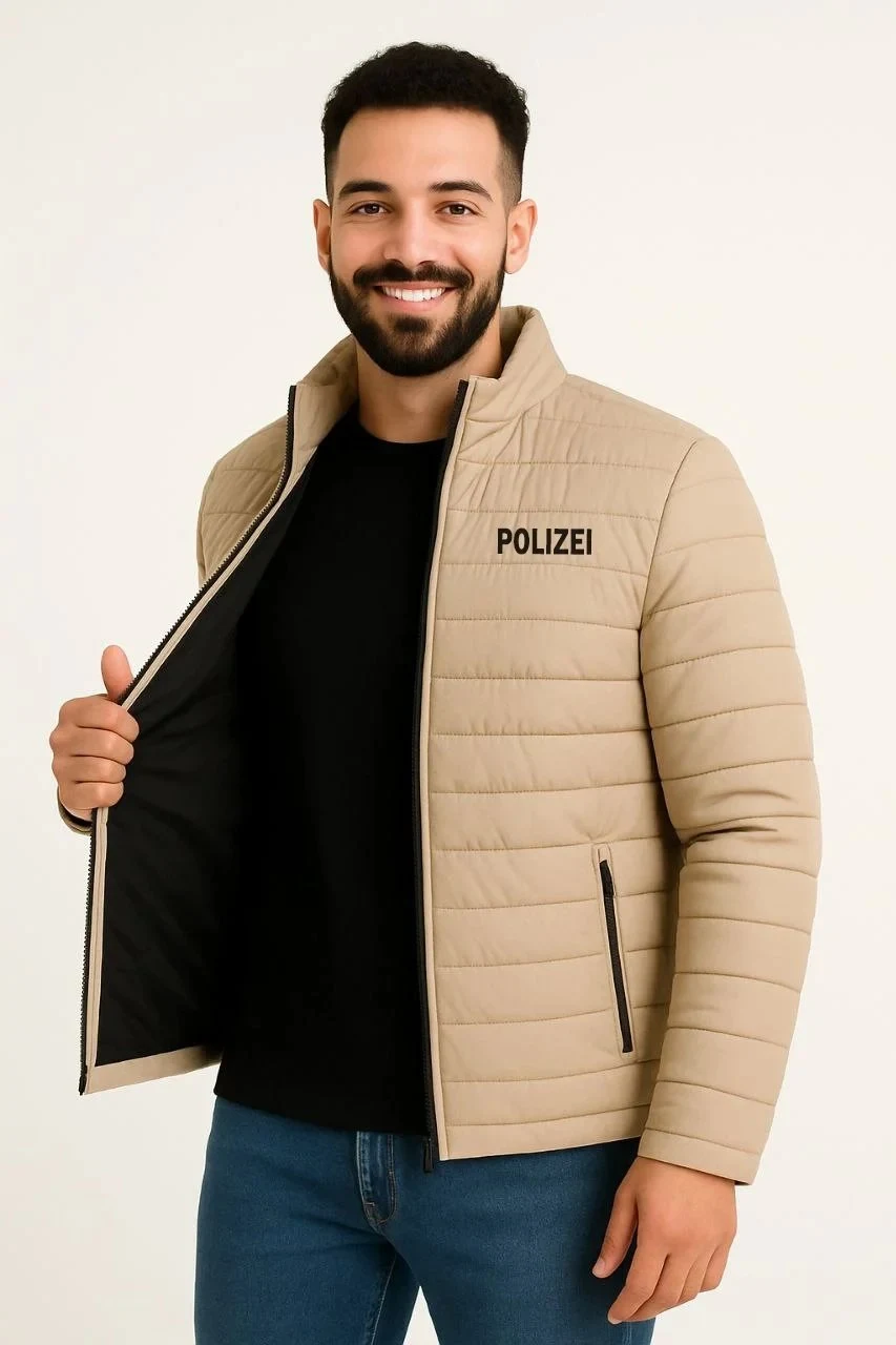 Pánska béžová mikro vodeodolná prešívaná potlačená so zipsom bomber bunda