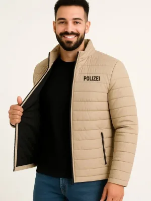 Pánska béžová mikro vodeodolná prešívaná potlačená so zipsom bomber bunda