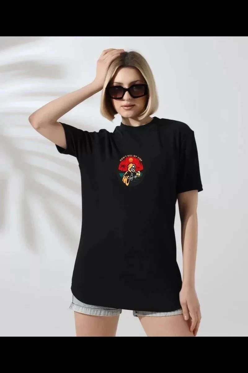 Γυναικείο Μαύρο Oversize Στρογγυλό Λαιμό Τυπωμένο Κοντομάνικο Μπλουζάκι