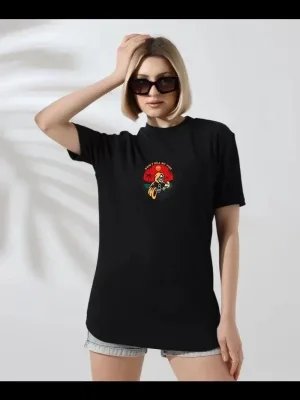 Γυναικείο Μαύρο Oversize Στρογγυλό Λαιμό Τυπωμένο Κοντομάνικο Μπλουζάκι