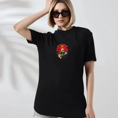 Γυναικείο Μαύρο Oversize Στρογγυλό Λαιμό Τυπωμένο Κοντομάνικο Μπλουζάκι 1