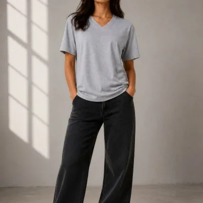 Femeie Gri Regular Decolteu V Mânecă Scurtă Tricou Basic 2