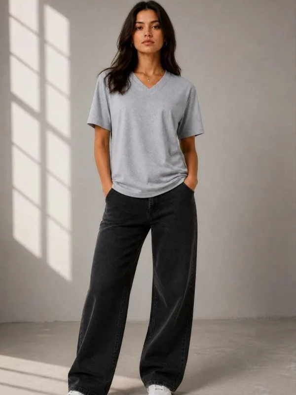 Femeie Gri Regular Decolteu V Mânecă Scurtă Tricou Basic 2
