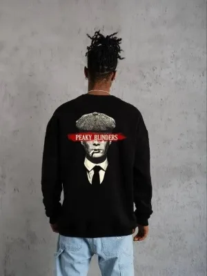 Férfi fekete oversized 3 szálas pamut nyomott kerékpáros nyakú sweatshirt