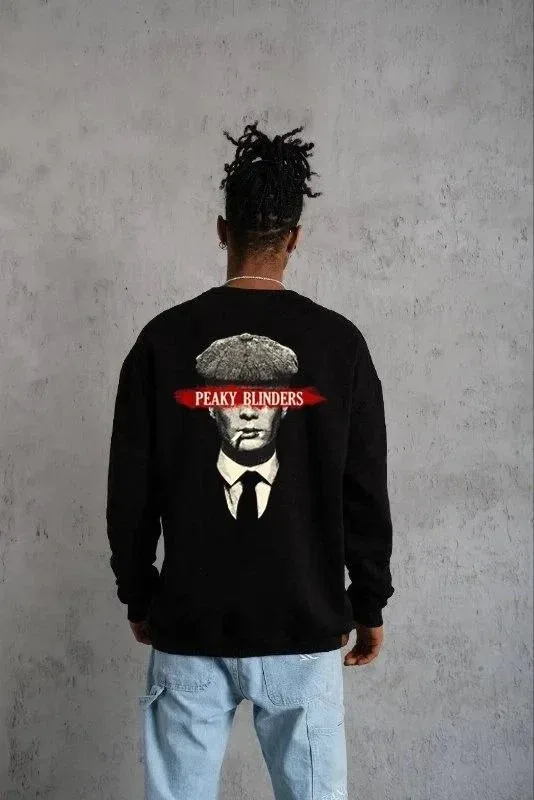 Muški crni oversize 3-nitni pamučni s printom biciklistički ovratnik sweatshirt