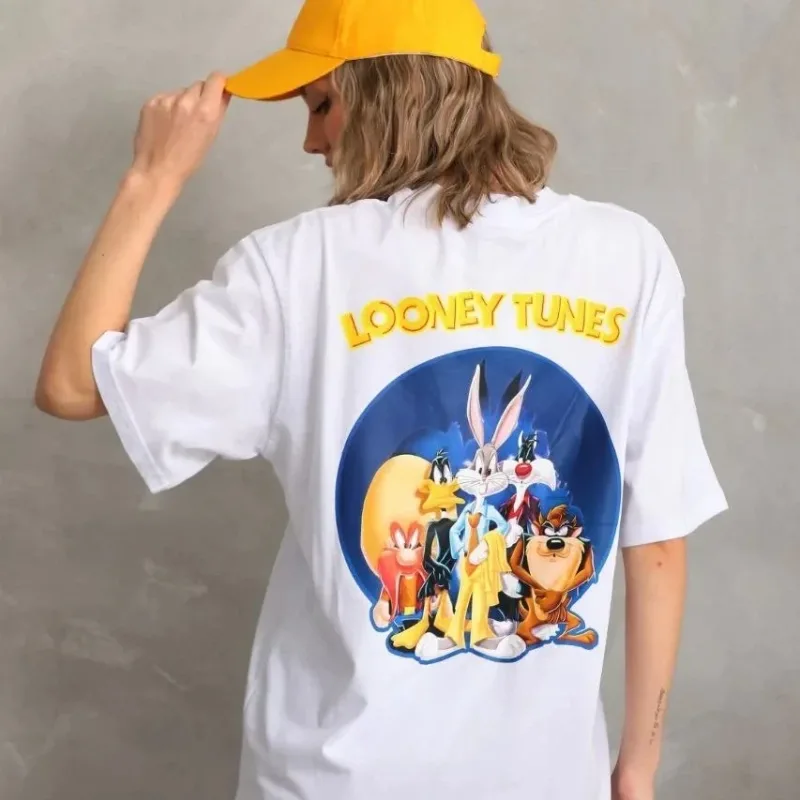 Damski oversize T-shirt biały, dekolt w serek, nadruk