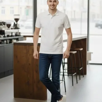Men's White Regular Pique Fabric Button Polo Neck T-Shirt 6