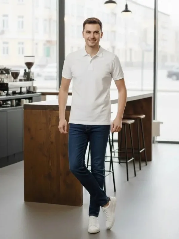 Men's White Regular Pique Fabric Button Polo Neck T-Shirt 6