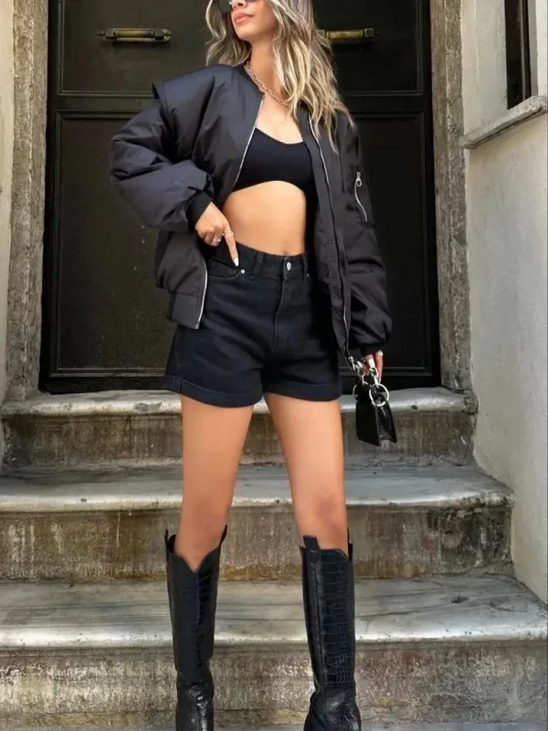 Jina Reş Oversize Fermuarlı Sokak Modası Bomber Ceket 5