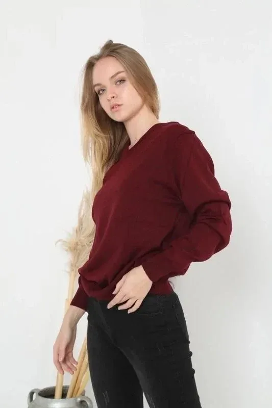 Women's Burgundy V-Neck Long Sleeve Plain Knit Sweater 2