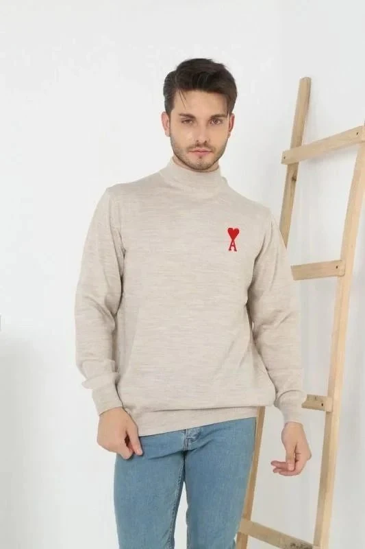 Muški Bež Polu Visoki Printani Triko Džemper