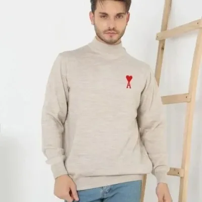 Muški Bež Polu Visoki Printani Triko Džemper 1