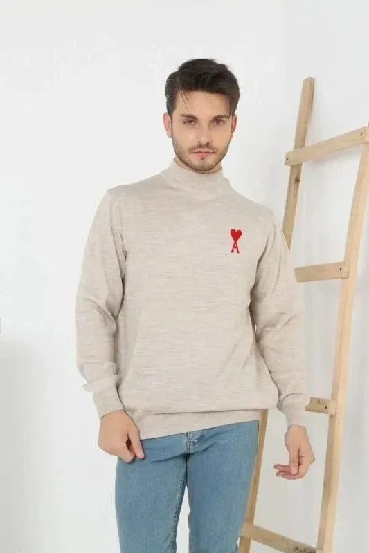 Muški bež polu-visoki s printom pletivo džemper