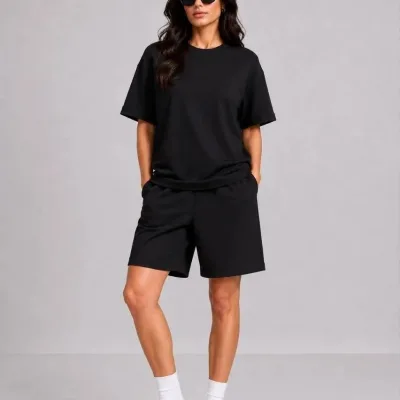 Женски црн oversize мек модален комплет со шорцеви со џебови 4
