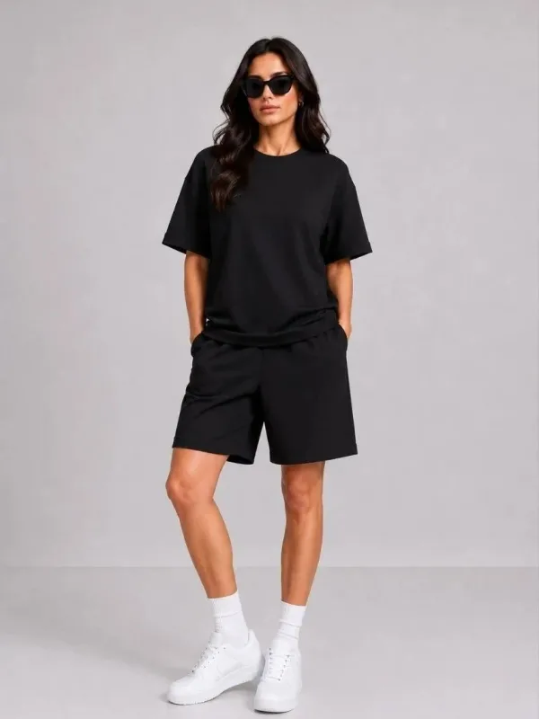 Женски црн oversize мек модален комплет со шорцеви со џебови 4