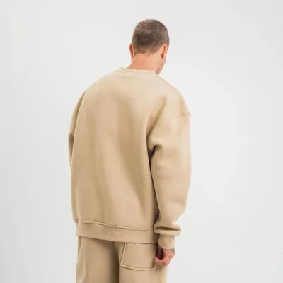 Férfi Bézs Hosszú Ujjú Kerékpárnyakú 3 Szálas Pamut Vastag Sweatshirt 2