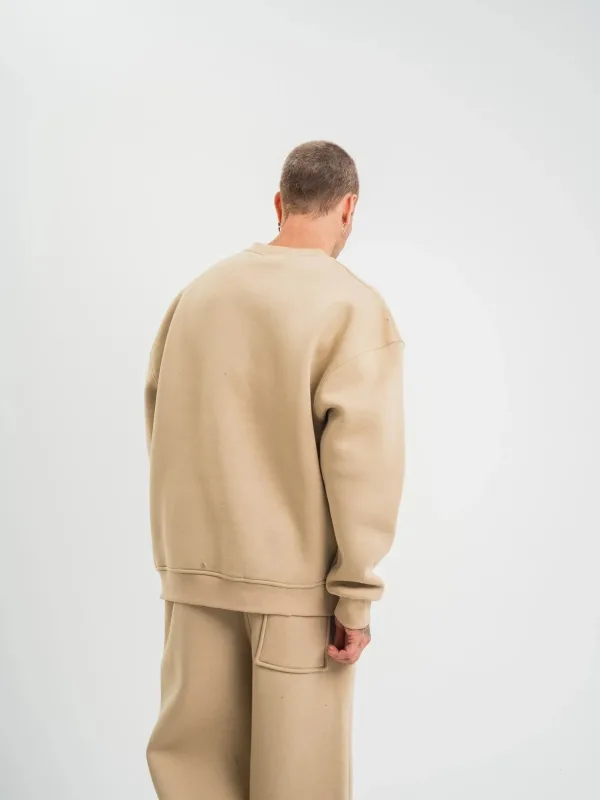 Férfi Bézs Hosszú Ujjú Kerékpárnyakú 3 Szálas Pamut Vastag Sweatshirt 2