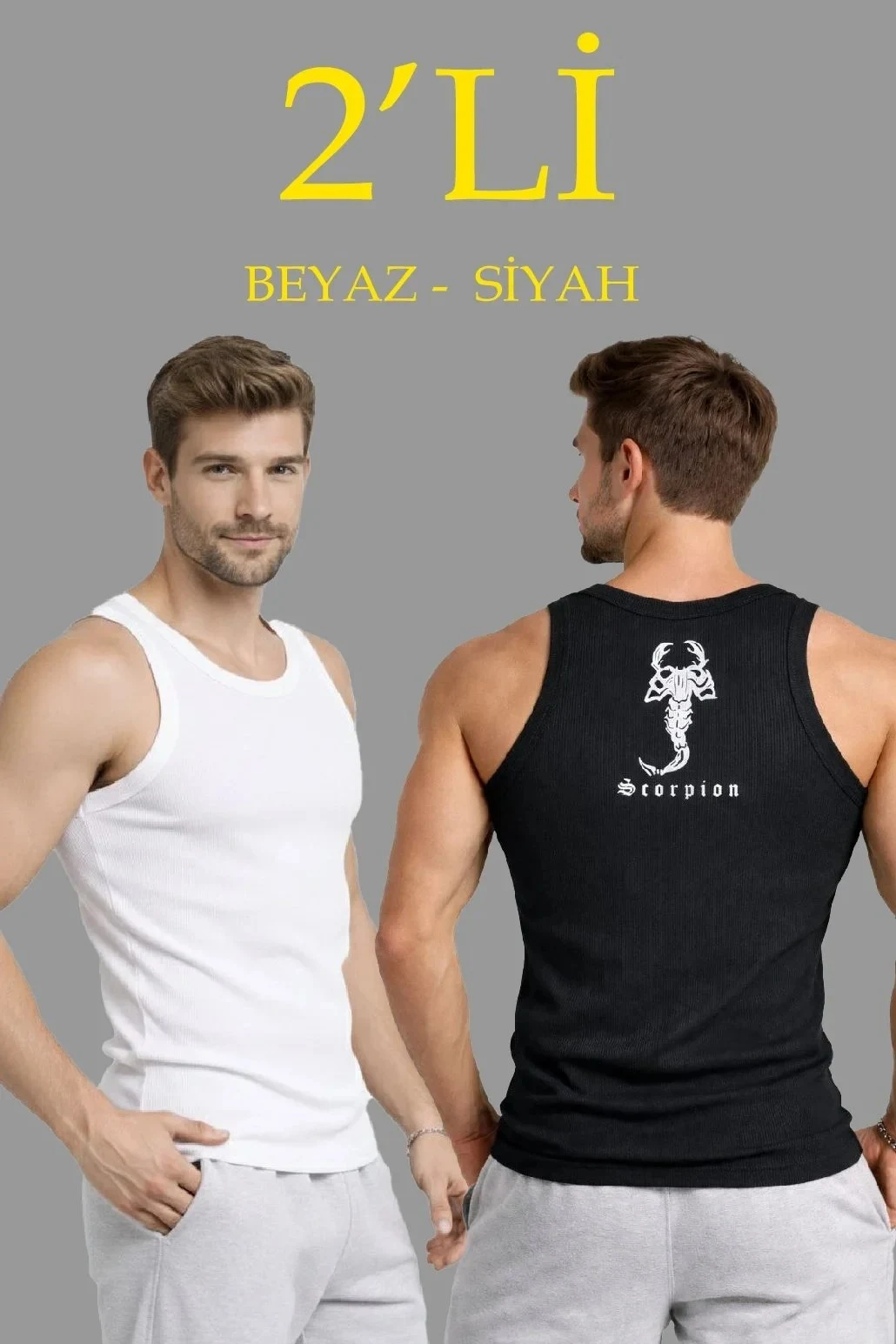 Muški set od 2 slim fit rebraste potkošulje s printom na leđima