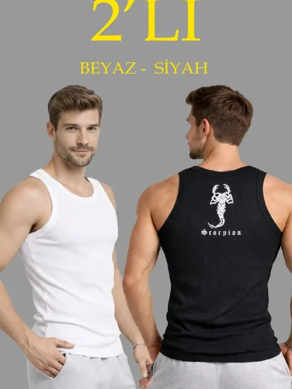 Pánská sada 2 ks slim fit žebrovaných tílek s potiskem na zádech 1