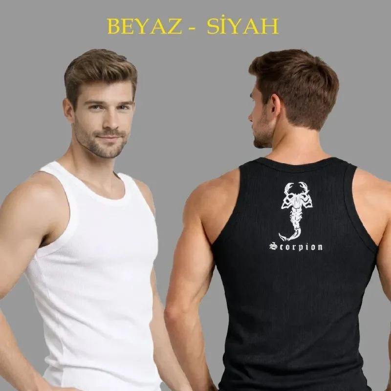 Pánská sada 2 ks slim fit žebrovaných tílek s potiskem na zádech
