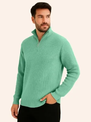 Mint Verde Bărbat Guler Drept Jumătate Fermoar Tricou Țesut Selanik
