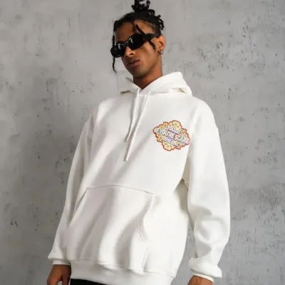 Muški bijeli oversize 3-niti pamučni s kapuljačom tiskani sweatshirt 2
