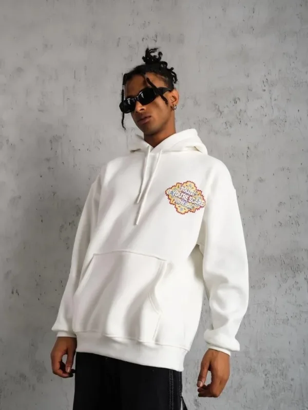 Muški bijeli oversize 3-niti pamučni s kapuljačom tiskani sweatshirt 2