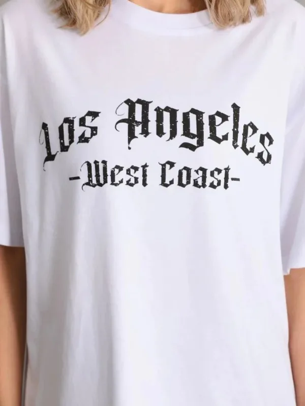 Damski oversize T-shirt biały, dekolt w serek, nadruk 3