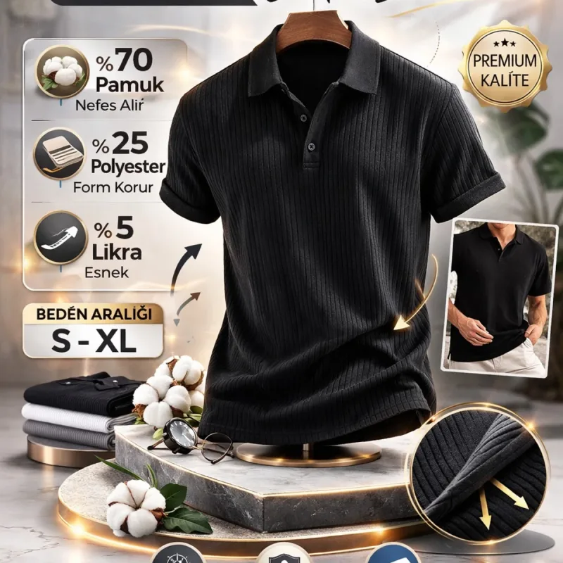Čierne pánske oversize rebrovaná bavlna polo s golierom tričko