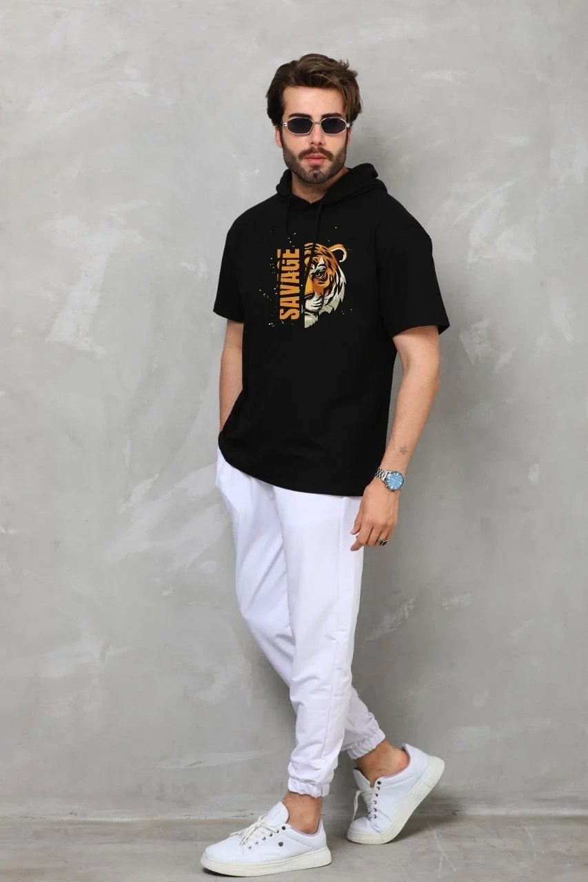 Ανδρικό Μαύρο Oversize Κουκουλοφόρο Κοντό Μανίκι Τυπωμένο Μπλουζάκι
