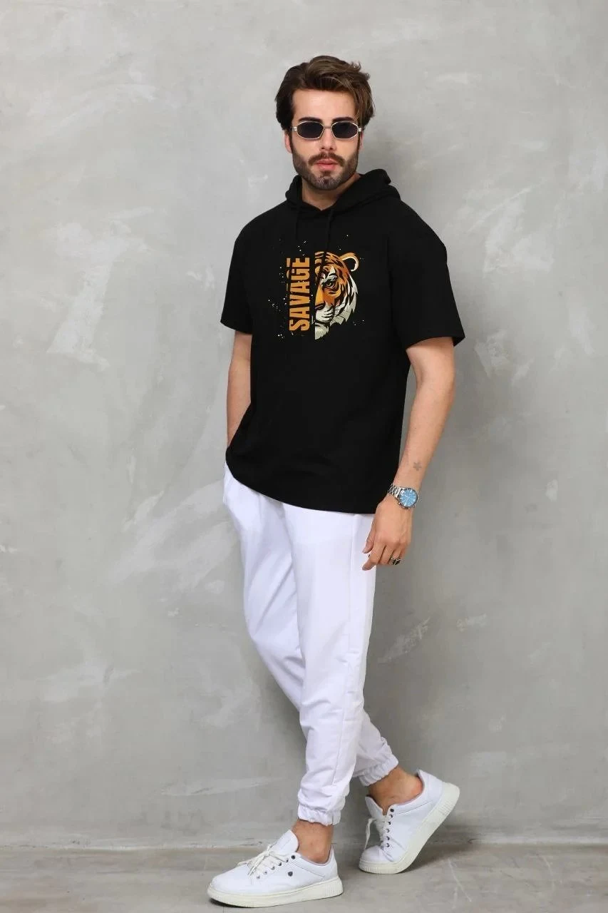 Машки црн oversize качулка краток ракав печат маица
