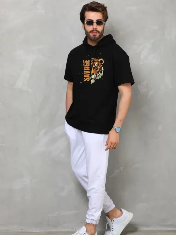 Машки црн oversize качулка краток ракав печат маица 1