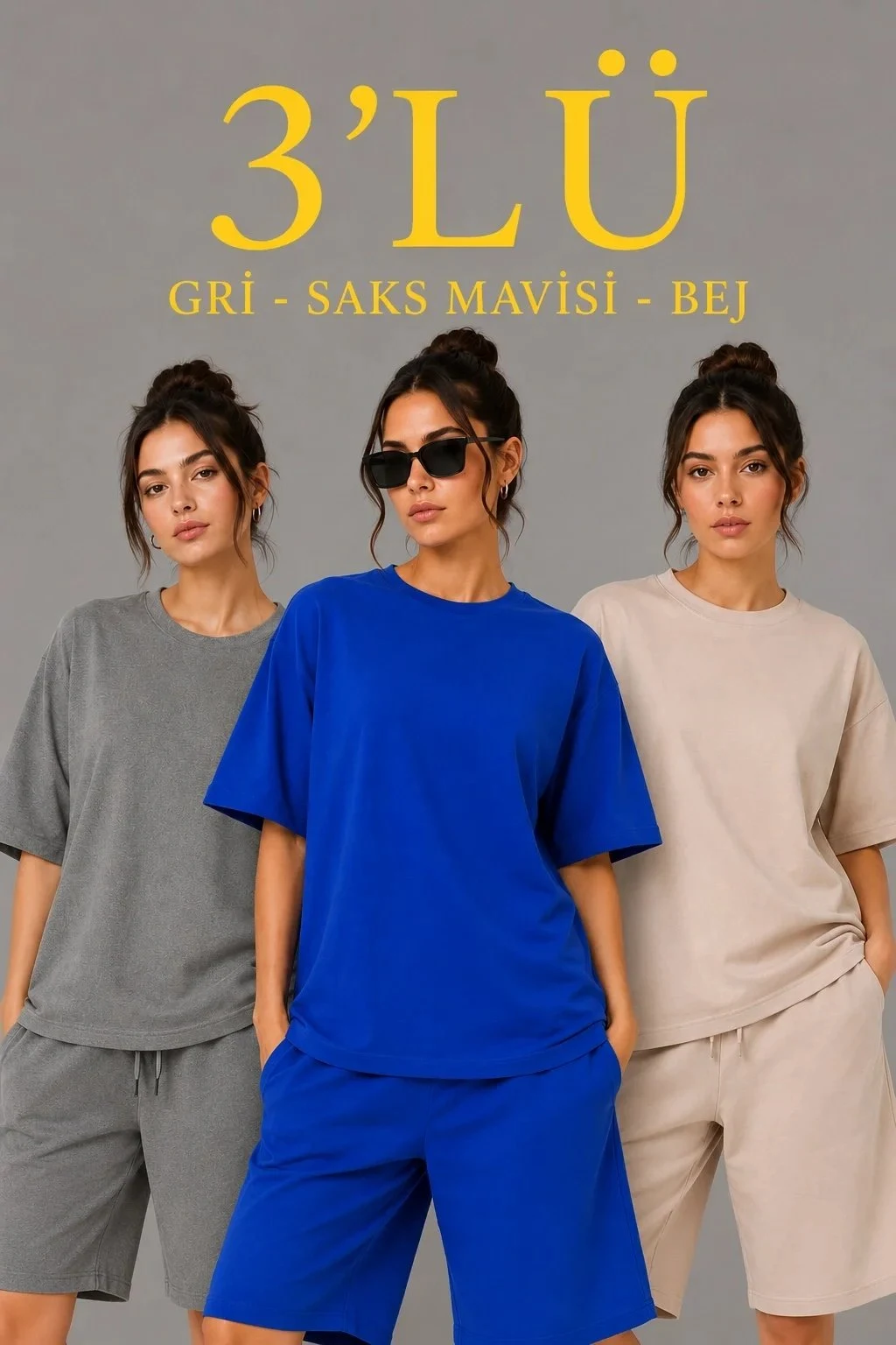 Koma 3 Parçeyî Oversize Du Têl Tîşort Şort