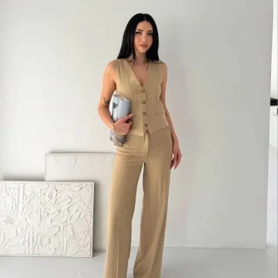 Qadın Bej Zolaqlı Tansel Parça İkili Dəst Ofis Şık 3