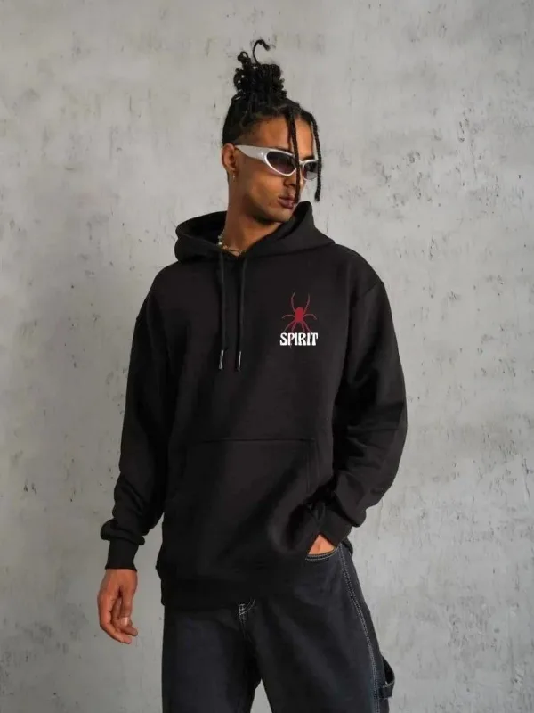 Muški crni oversize 3-nitni pamučni hoodie s printom