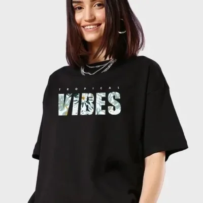 Ženska Crna Bicikli Kragna VIBES Print Kratki Rukav Majica 1