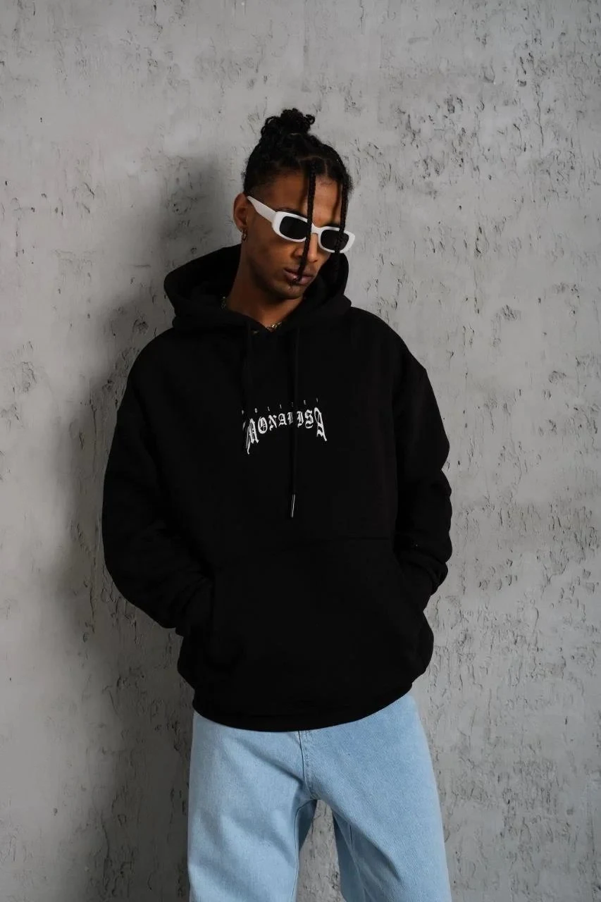 Men's Black Printed Hooded Kangaroo Pocket Sweatshirt