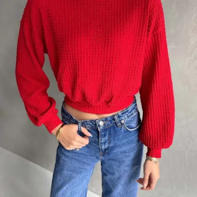 Turtleneck Textured Crop Blouse Red 4