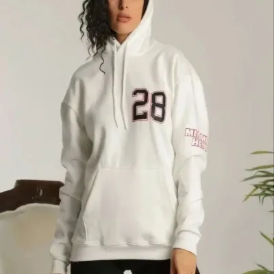 Damski Biały Oversize Kaptur Nadruk 3-nitkowy Bawełniany Sweatshirt 2