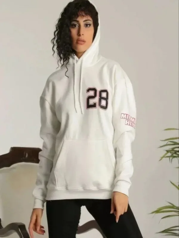 Damski Biały Oversize Kaptur Nadruk 3-nitkowy Bawełniany Sweatshirt 2