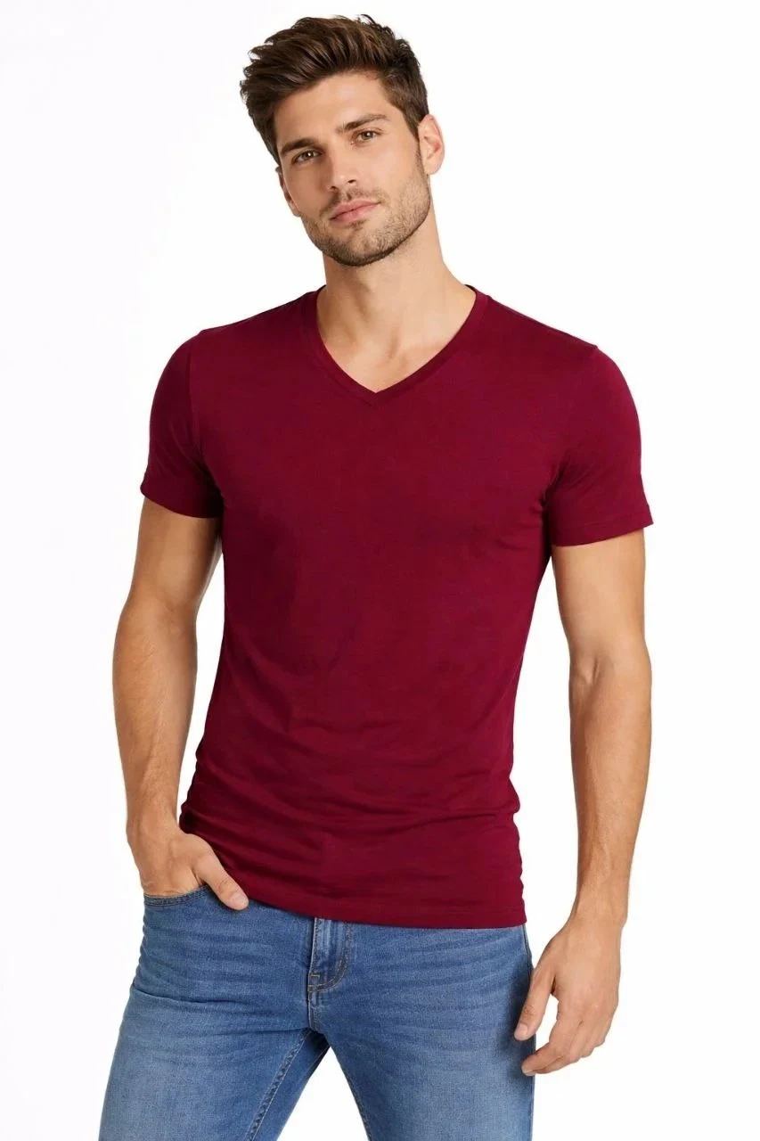 Kişi Bordo Slim Fit Likralı V Yaka Qısa Qol Köynək