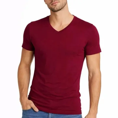 Kişi Bordo Slim Fit Likralı V Yaka Qısa Qol Köynək 1