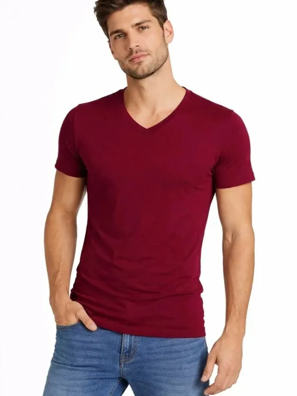 Kişi Bordo Slim Fit Likralı V Yaka Qısa Qol Köynək 1